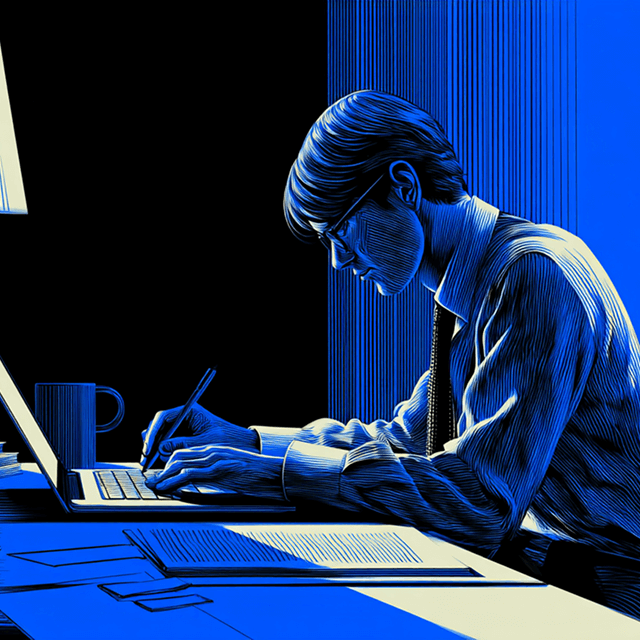 Person working intently on a laptop, representing focus, professionalism, and precision in legal or digital work.