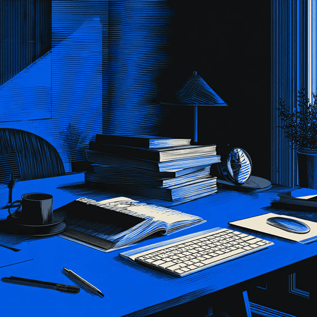 Office desk with books, keyboard, coffee cup, and lamp in a minimalist workspace, symbolizing research and productivity.