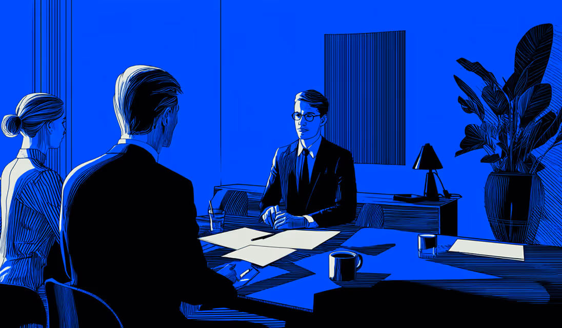 Three professionals in a formal meeting, symbolizing consultation, legal discussion, or client collaboration.