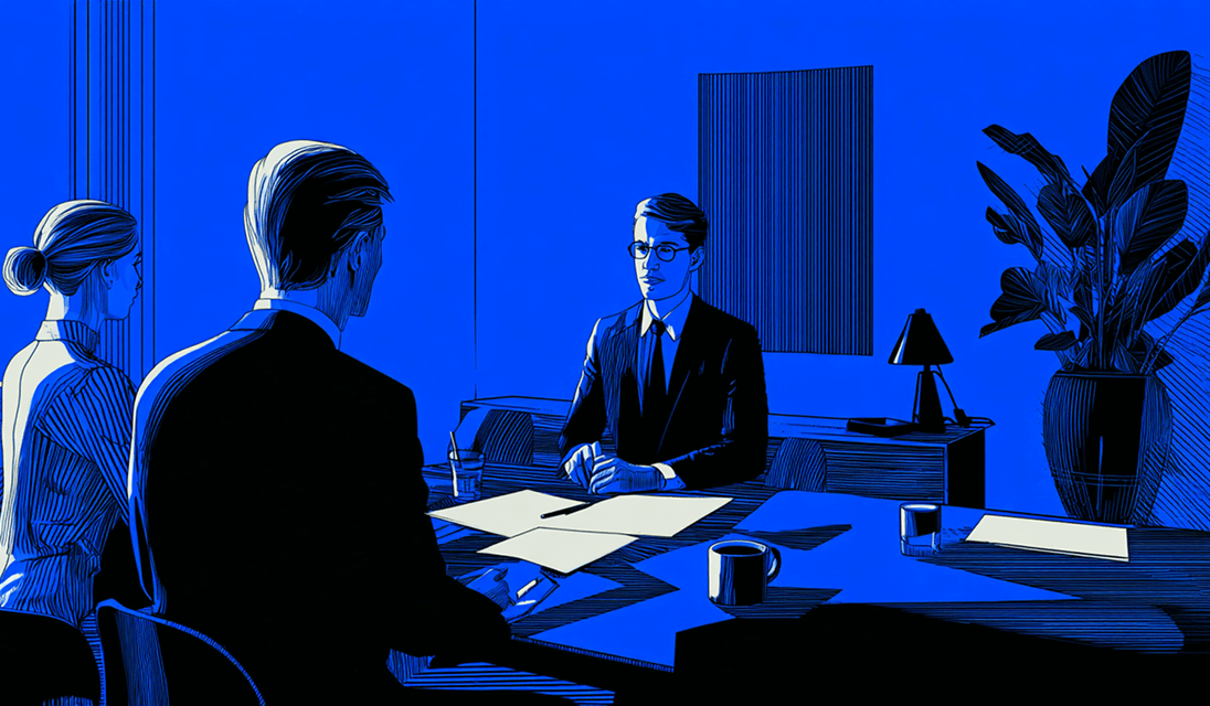 Three professionals in a formal meeting, symbolizing consultation, legal discussion, or client collaboration.