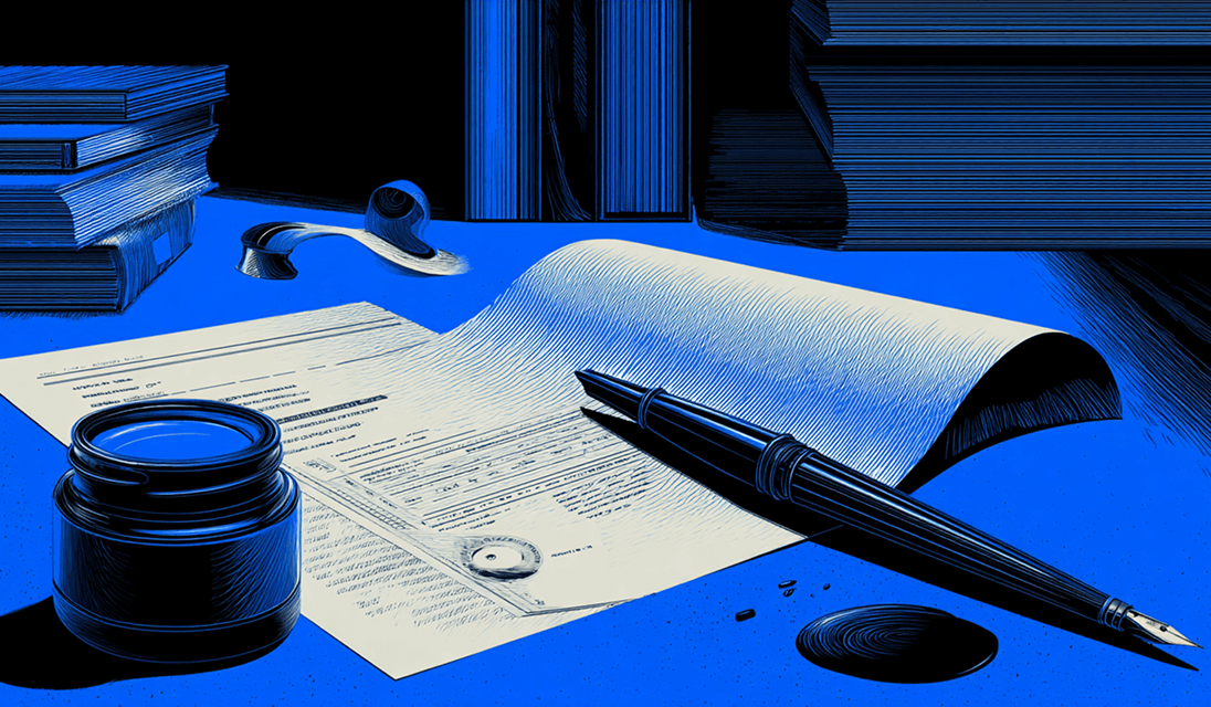 Close-up of legal documents, ink bottle, and fountain pen on a desk, representing contracts and documentation.