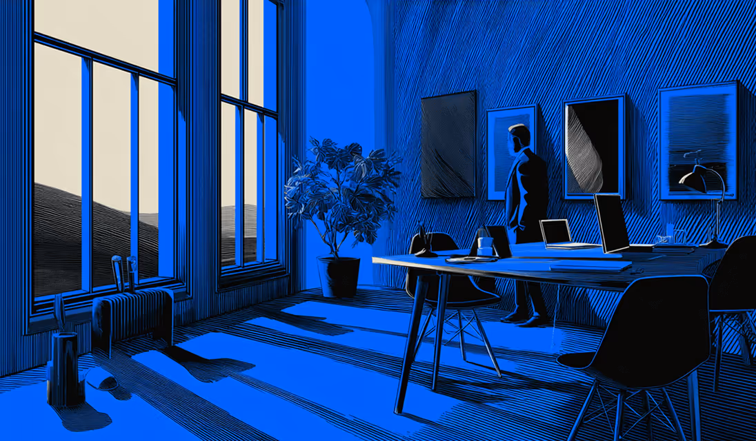 Modern office with large windows and a professional standing near the desk, symbolizing leadership and reflection.