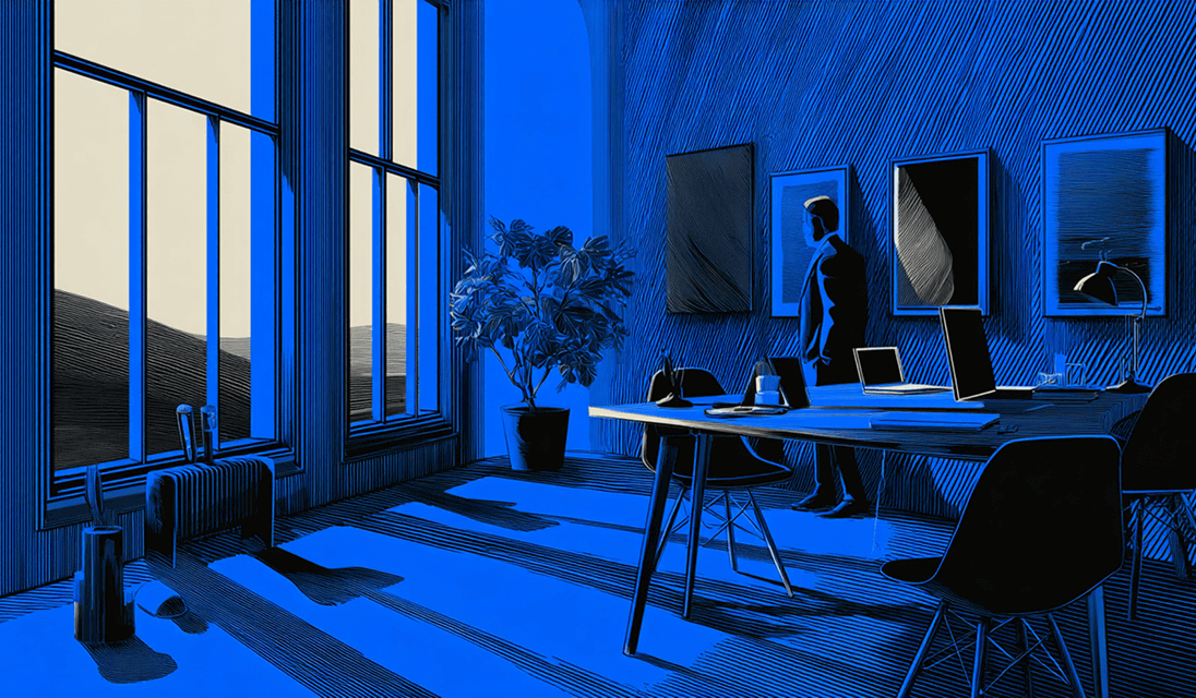 Modern office with large windows and a professional standing near the desk, symbolizing leadership and reflection.