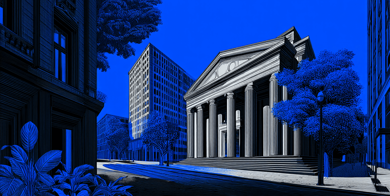 Wide view of a courthouse surrounded by city buildings and trees, symbolizing justice, authority, and community presence.