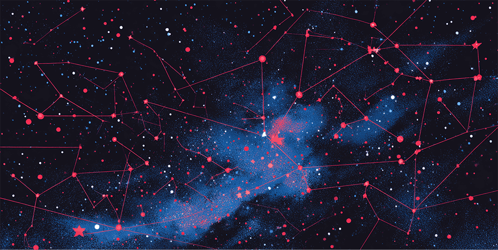 Stylized constellation map with red connection lines and blue stars, symbolizing global connectivity and digital networks.