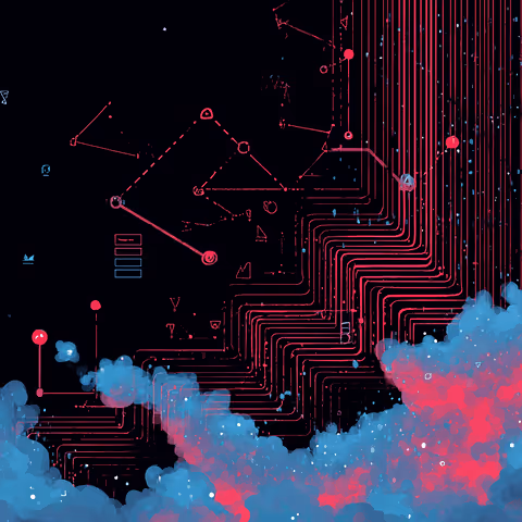 Abstract digital art with pink and blue circuit-like lines connecting through a dark clouded background, symbolizing data networks and digital flow.