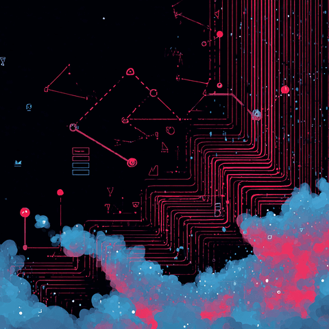 Abstract digital art with pink and blue circuit-like lines connecting through a dark clouded background, symbolizing data networks and digital flow.