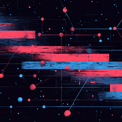 Abstract network visualization with red and blue nodes and connecting lines, representing data connections and digital communication.