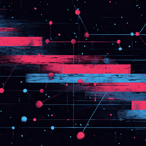 Abstract network visualization with red and blue nodes and connecting lines, representing data connections and digital communication.