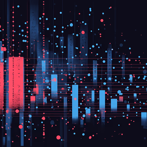 Visualization of vertical data bars and scattered dots in red and blue, symbolizing analytics, metrics, and big data visualization.