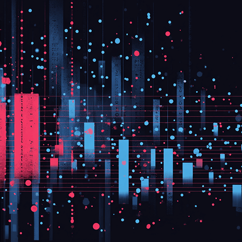 Visualization of vertical data bars and scattered dots in red and blue, symbolizing analytics, metrics, and big data visualization.