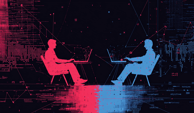 Two abstract human figures sitting across from each other using laptops, symbolizing collaboration, communication, and remote teamwork in tech.