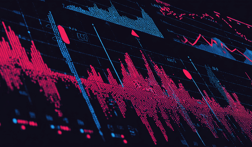 Close-up of red and blue data graphs, symbolizing digital performance tracking, analytics, and financial trends.