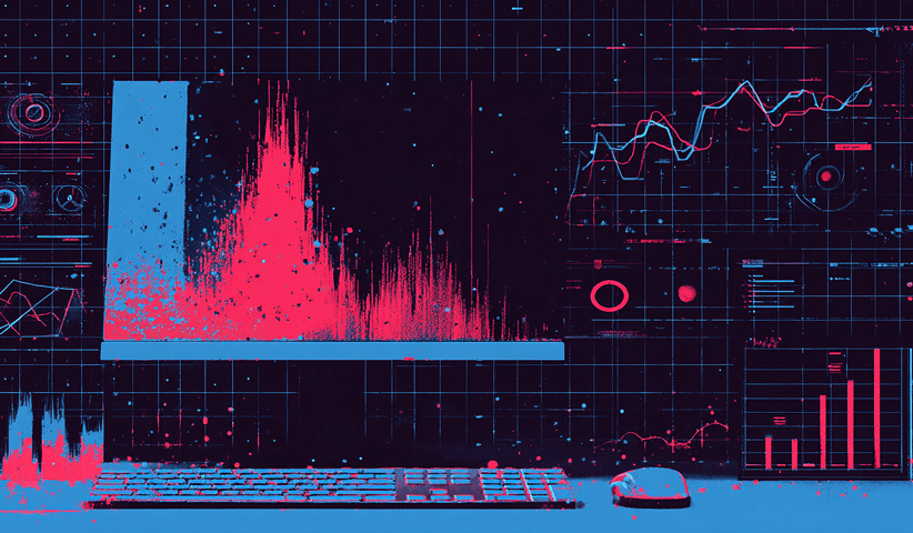 Computer monitor displaying red and blue graphs with a keyboard and mouse in front, representing data analysis and digital dashboards.