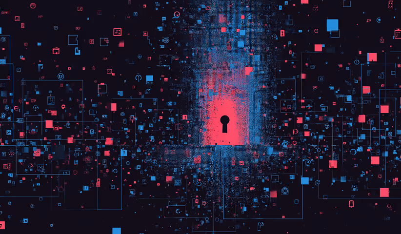 Abstract illustration of a glowing lock surrounded by digital squares, symbolizing cybersecurity and data protection.