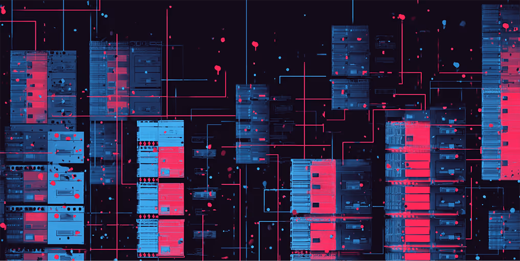 Grid of abstract data servers connected by digital lines in red and blue tones, representing cloud computing and data infrastructure.