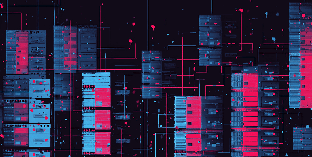 Grid of abstract data servers connected by digital lines in red and blue tones, representing cloud computing and data infrastructure.