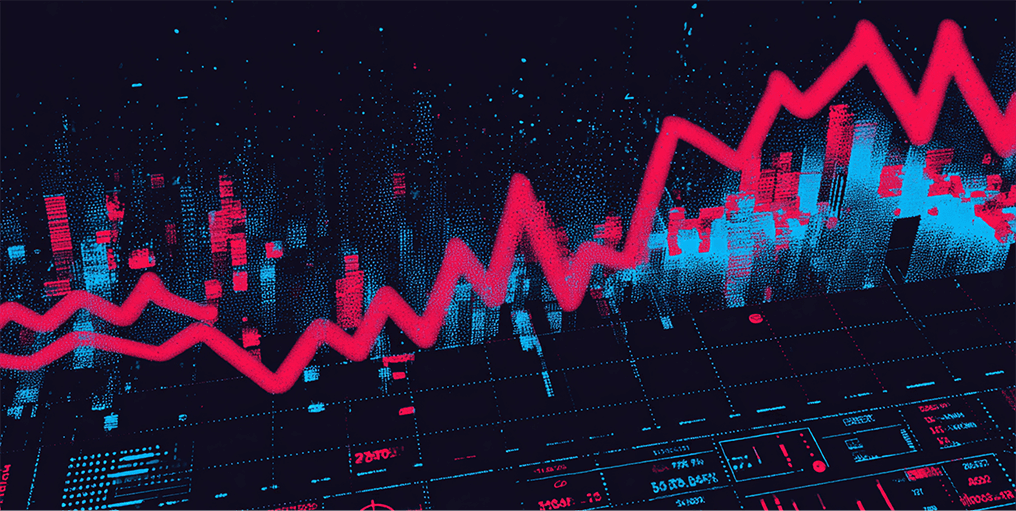 Abstract red and blue data graph with peaks and city-like vertical structures, symbolizing performance growth and analytics trends.