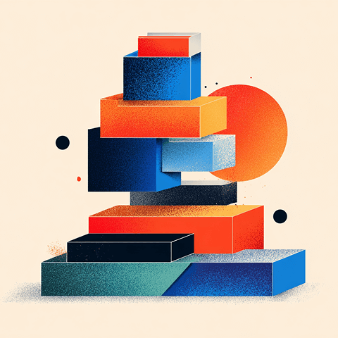 Abstract stack of colorful geometric boxes symbolizing layers of brand identity, product packaging, or business growth.