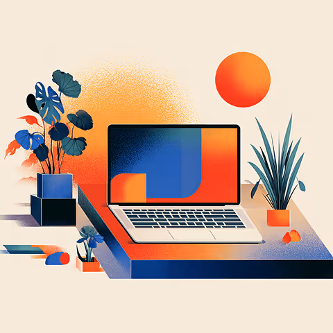 Minimalist illustration of a laptop surrounded by plants and warm sunlight, representing creativity and modern e-commerce workspace design.