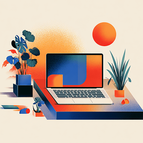 Minimalist illustration of a laptop surrounded by plants and warm sunlight, representing creativity and modern e-commerce workspace design.