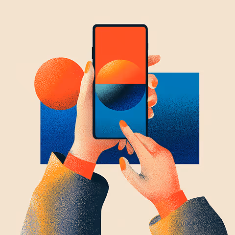 Hands holding a smartphone with a bold red and blue screen, representing mobile shopping and digital experiences.
