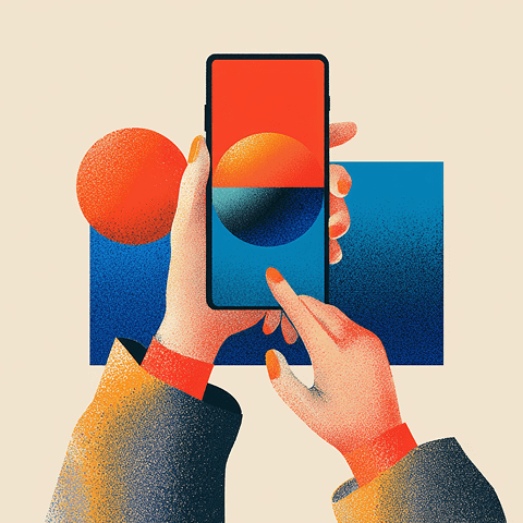 Hands holding a smartphone with a bold red and blue screen, representing mobile shopping and digital experiences.