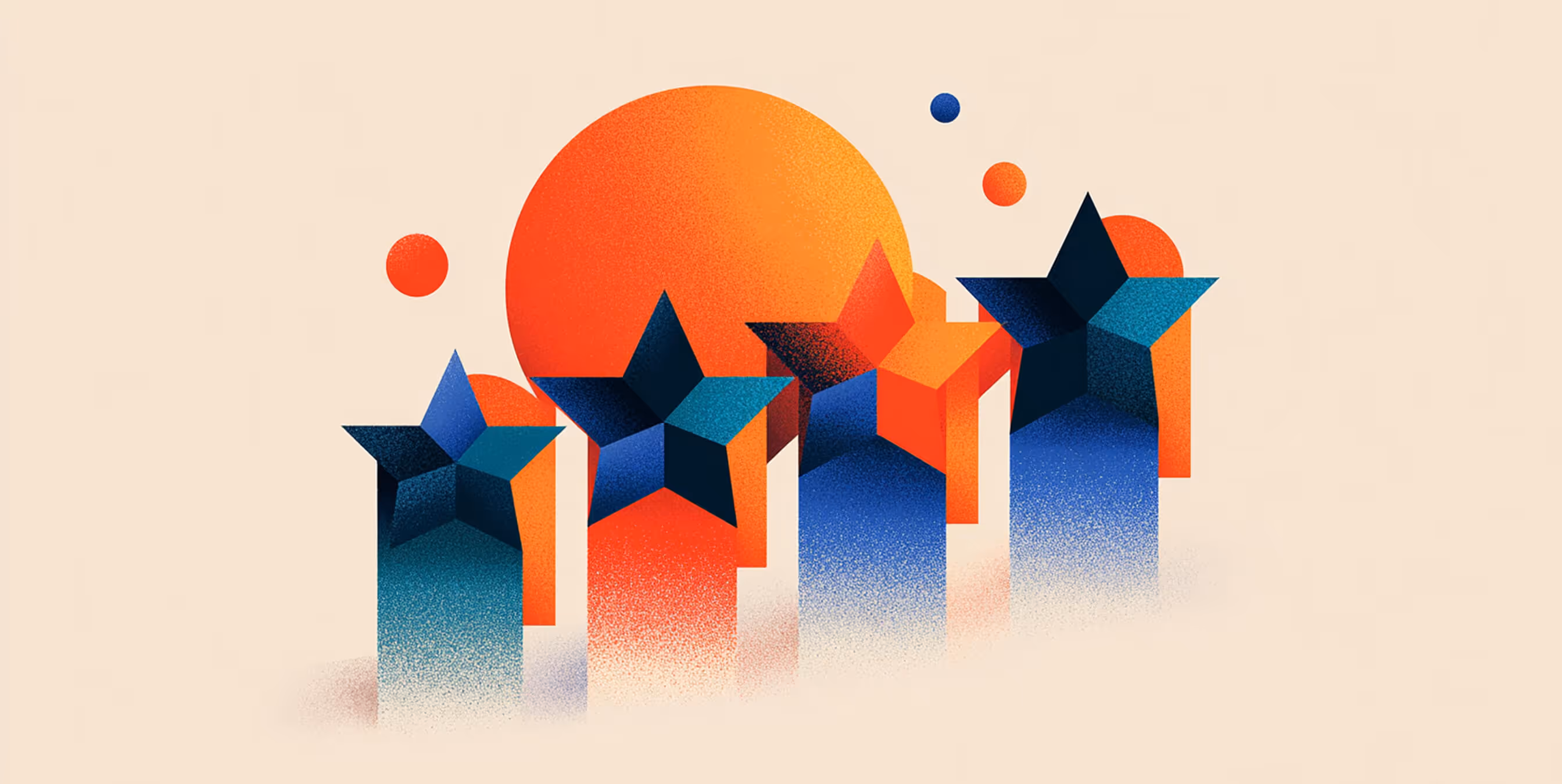 Row of colorful 3D stars against a warm background, representing customer satisfaction, reviews, and brand excellence.