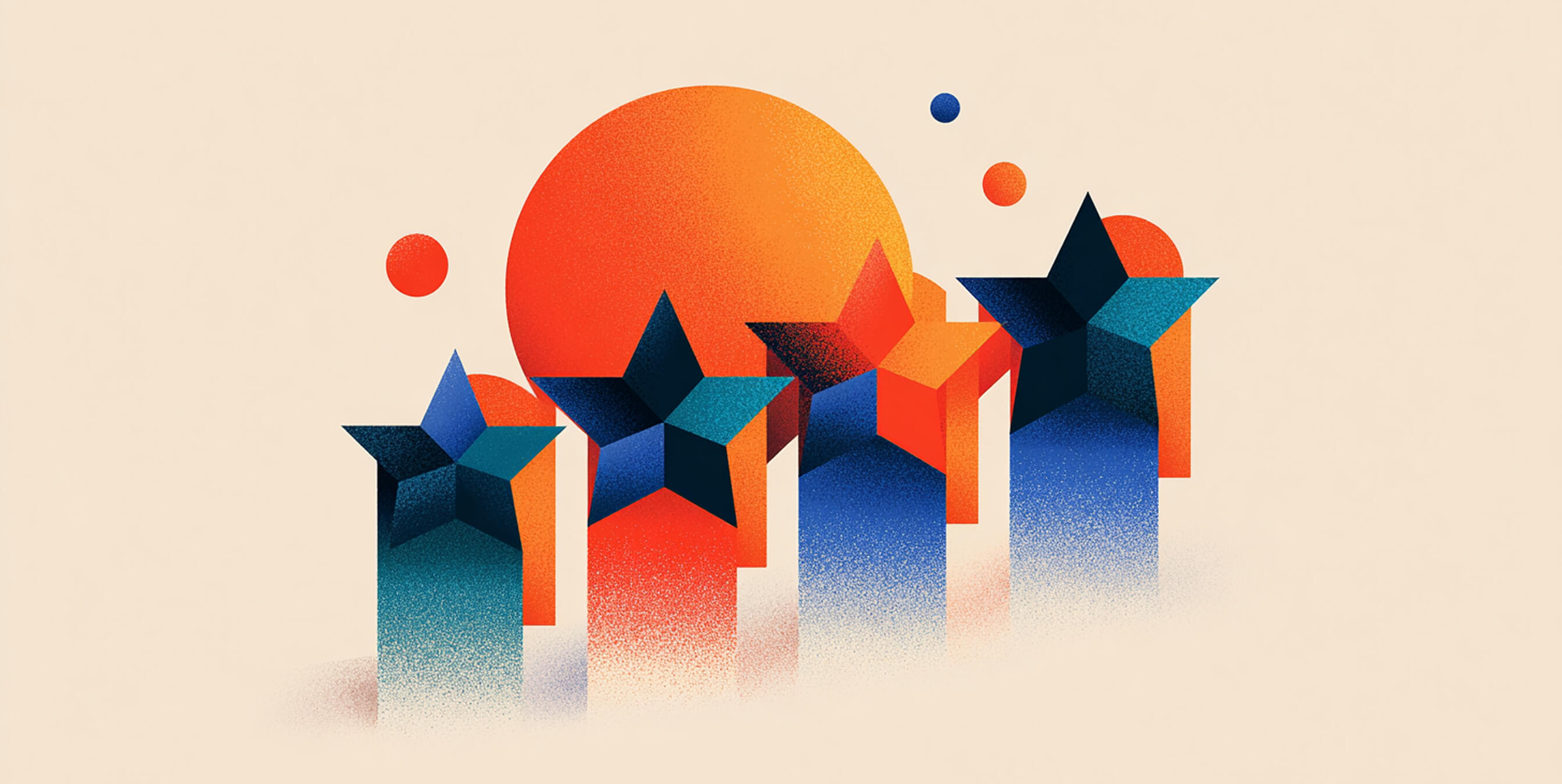 Row of colorful 3D stars against a warm background, representing customer satisfaction, reviews, and brand excellence.