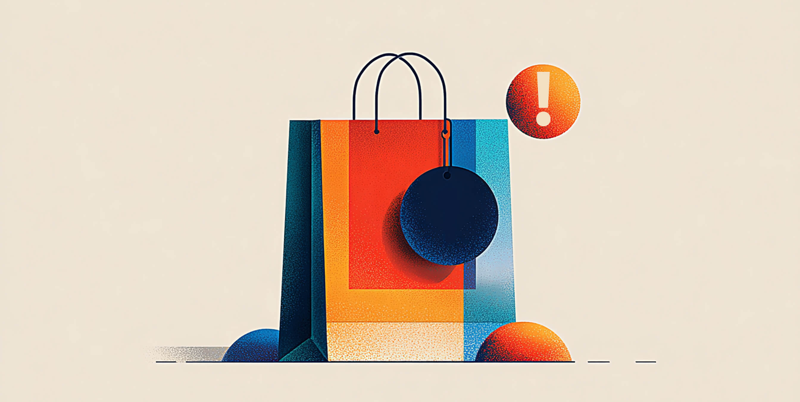 Stylized shopping bag with geometric shapes and a circular tag, symbolizing retail, e-commerce, and product identity.