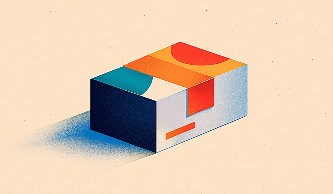 Minimalist illustration of a color-blocked package, representing product shipping and boutique branding.