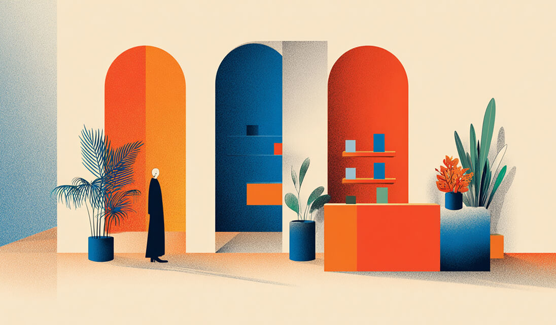 Modern boutique interior with arches, plants, and shelving in warm orange and blue hues, evoking a refined retail atmosphere.