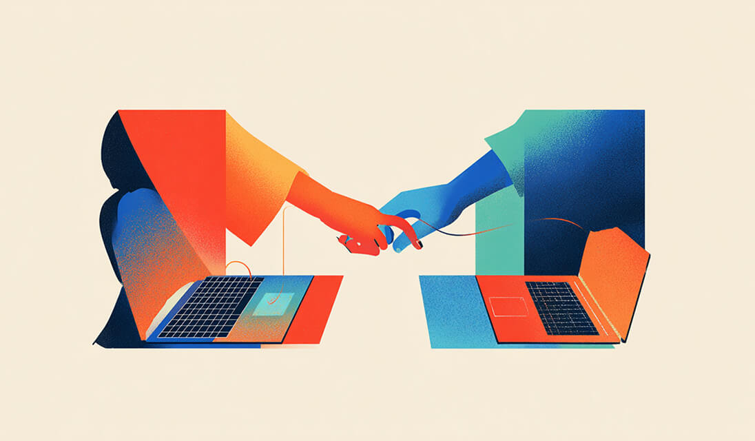 Two stylized figures extending hands through laptop screens, symbolizing online connection, trust, and digital transactions.