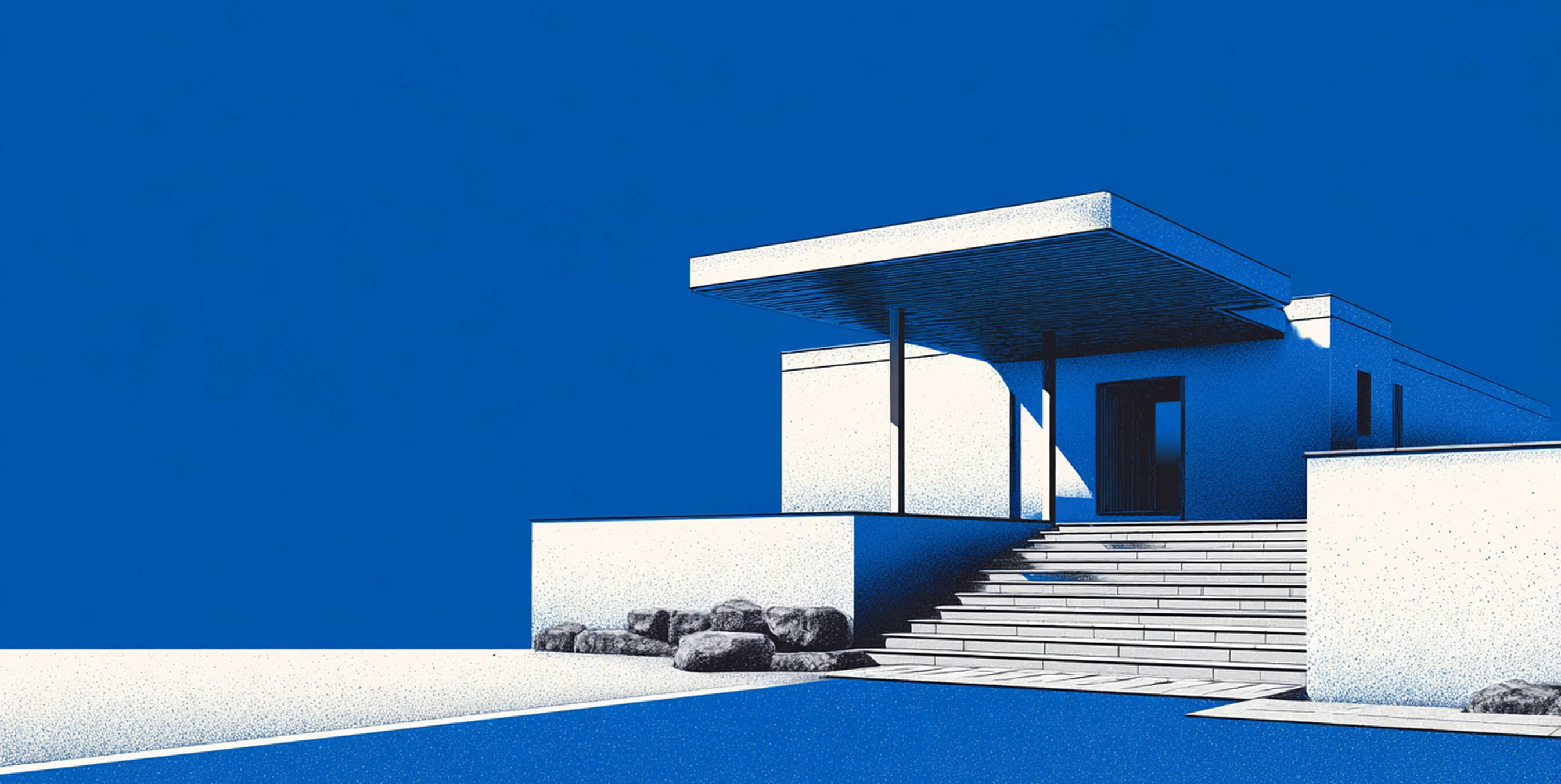 Illustration of a modern minimalist building under a clear blue sky, symbolizing structure, clarity, and clean design.