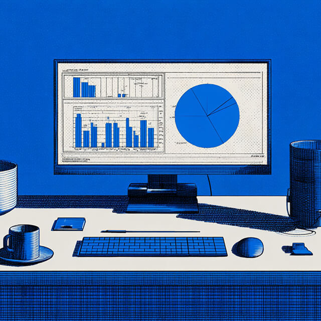 Computer monitor displaying bar and pie charts on a desk with office items, symbolizing SEO analytics and data tracking.