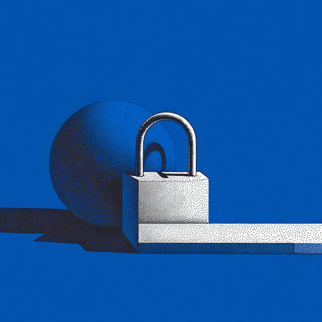 Abstract image of a silver padlock and blue sphere against a solid blue background, representing security and data protection.