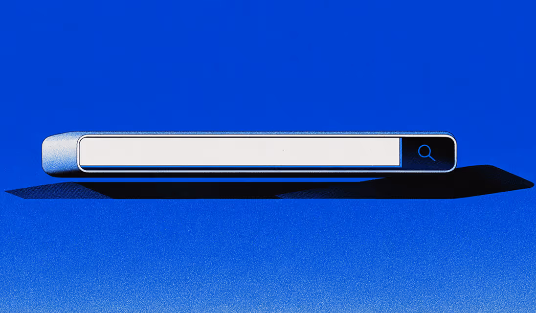 Search bar on a blue background casting a shadow, symbolizing online visibility and keyword optimization.