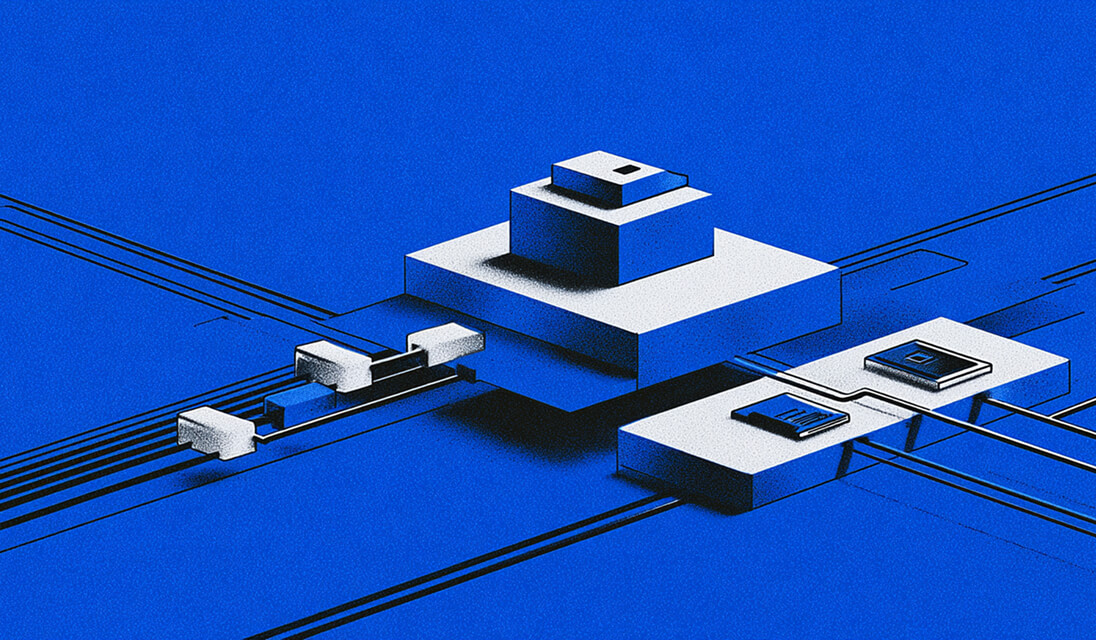 Abstract isometric illustration of connected digital components, representing Webflow’s technical SEO architecture.
