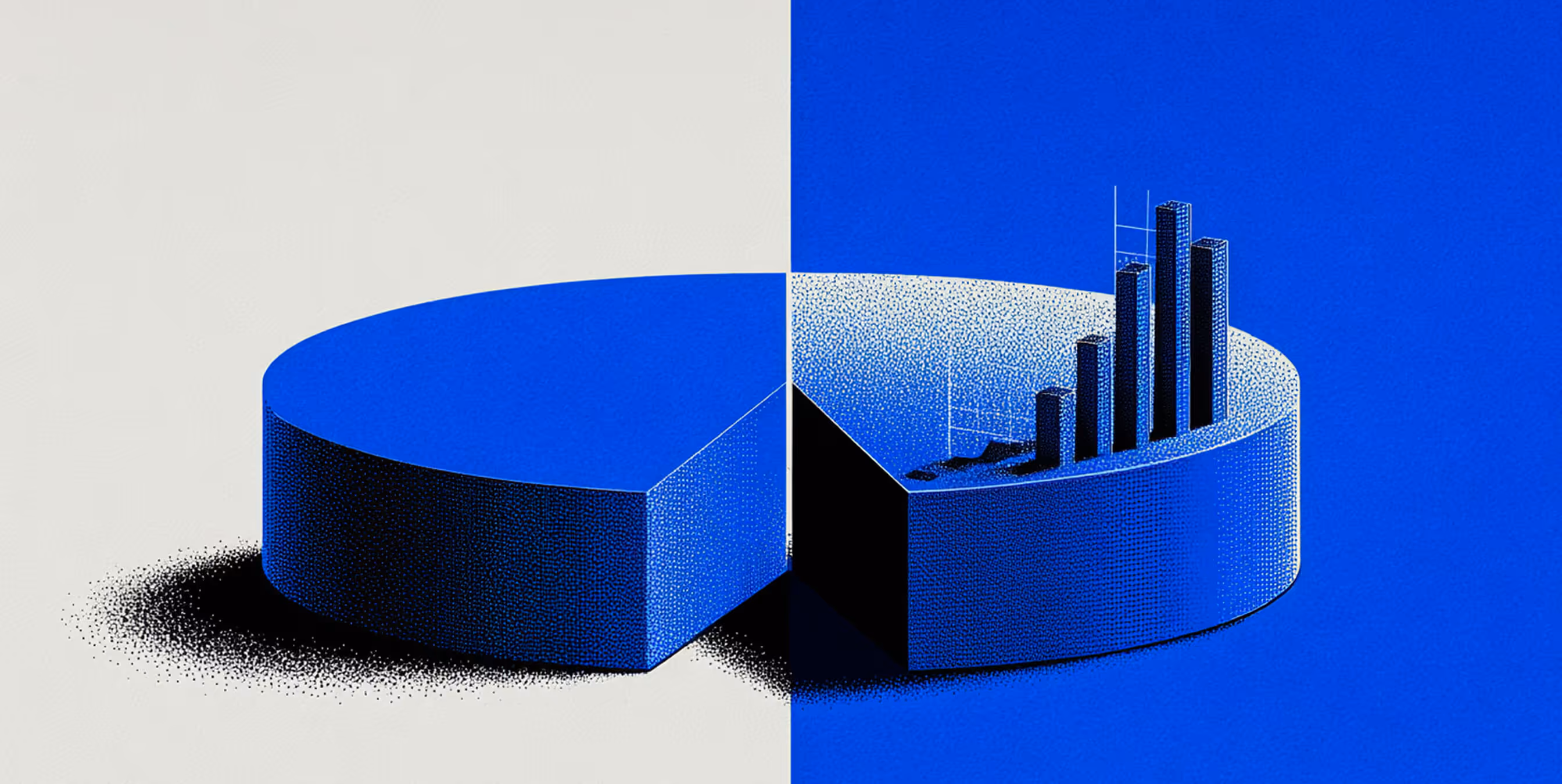 Split blue pie chart with rising bar graphs on one side, symbolizing SEO growth and performance analysis.
