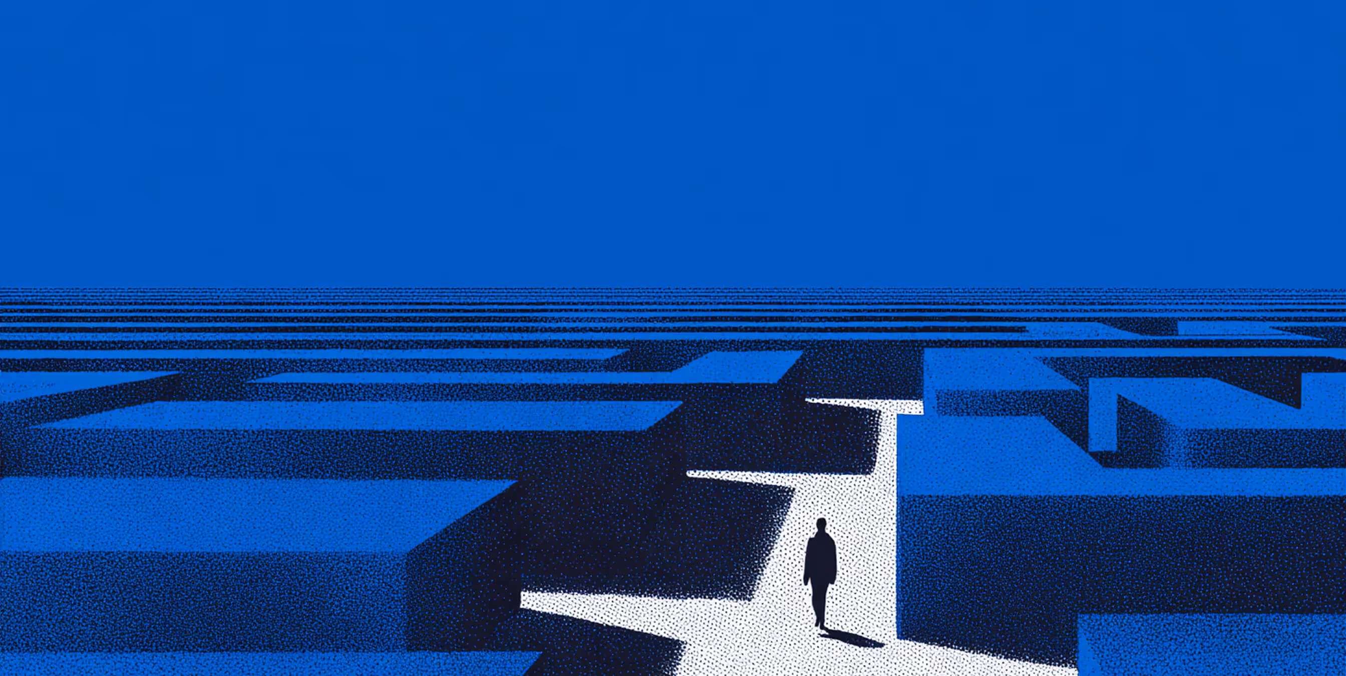 Person walking through a maze of blue walls toward an open path, symbolizing navigating SEO challenges and finding clarity.