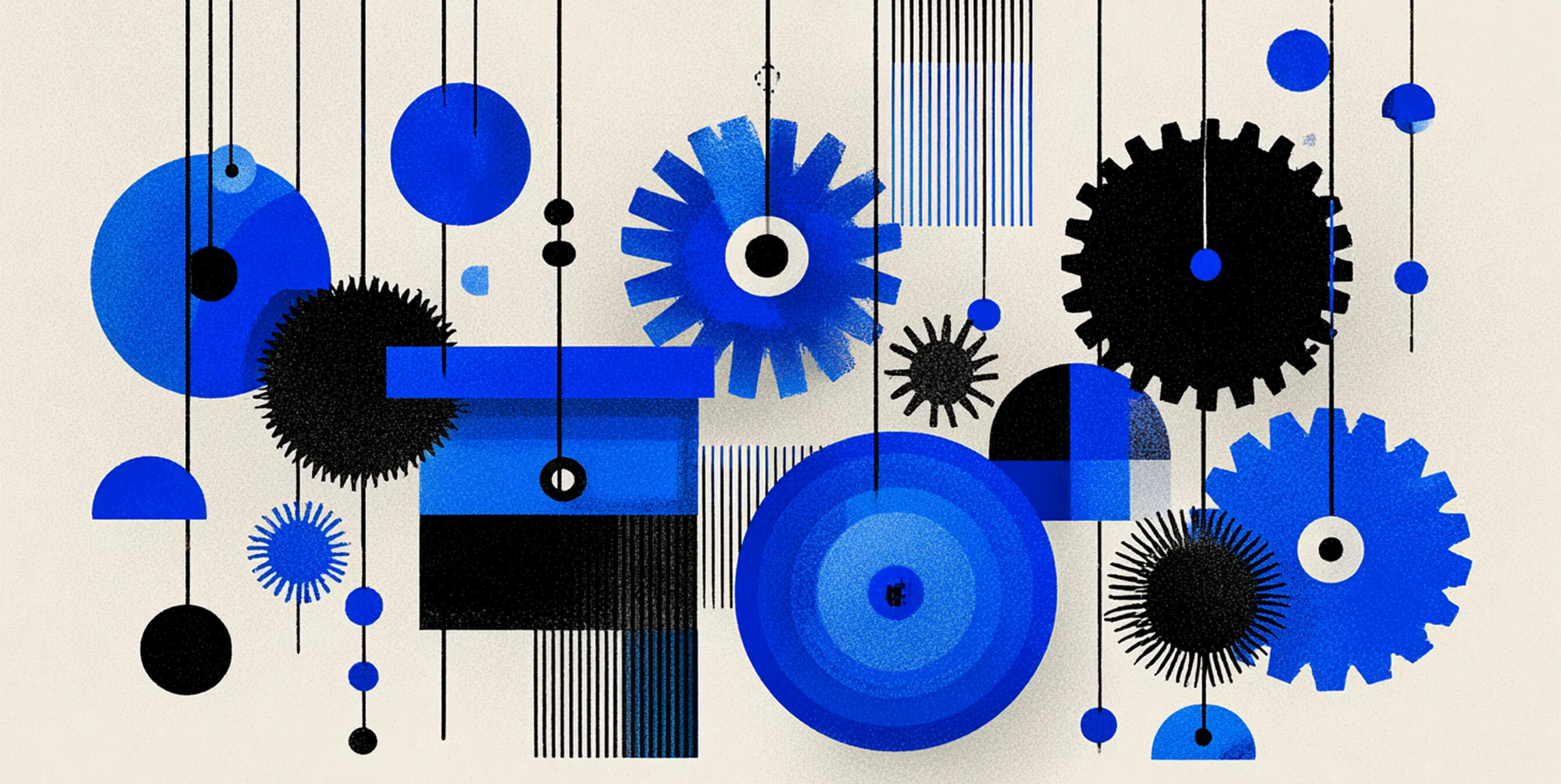 Abstract illustration of interconnected gears and mechanical shapes in blue and black, symbolizing scalability, systems, and digital infrastructure.