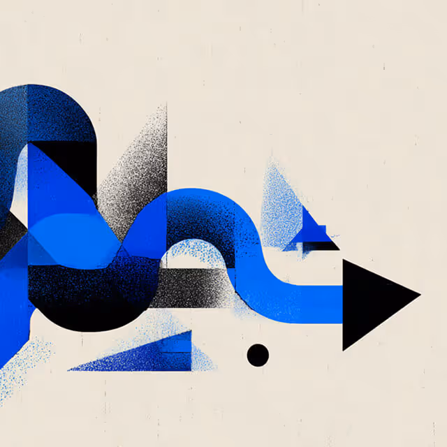 Blue and black abstract arrow design made of curved and triangular shapes, symbolizing growth, direction, and forward progress.
