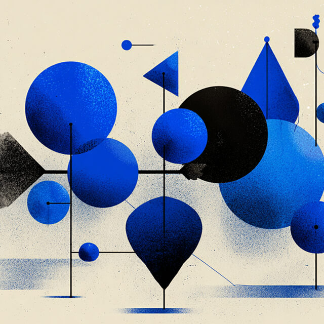 Composition of blue and black geometric shapes resembling spheres, triangles, and lines, representing balance and structured design systems.