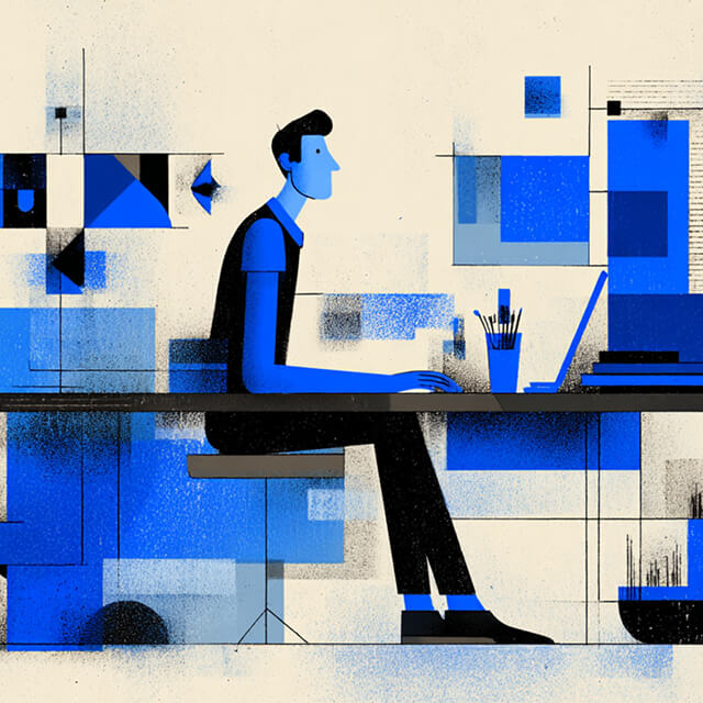 Stylized person working at a desk surrounded by geometric digital patterns in blue tones, symbolizing focus, productivity, and creative workflow.