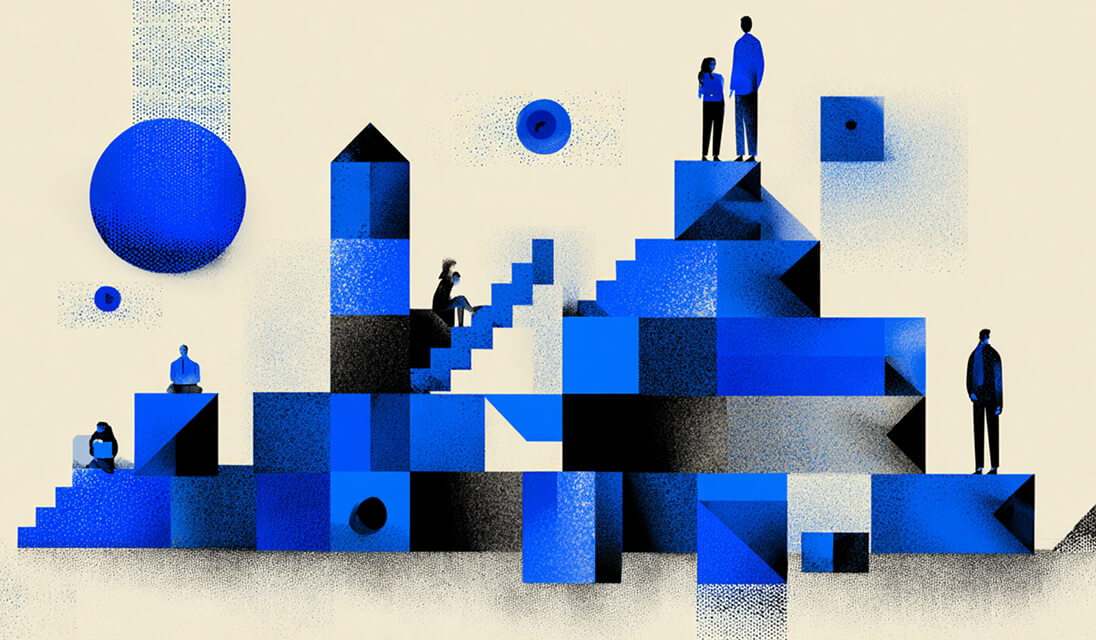 Abstract landscape of geometric stairs and blocks with small human figures, representing growth, hierarchy, and structured team building.