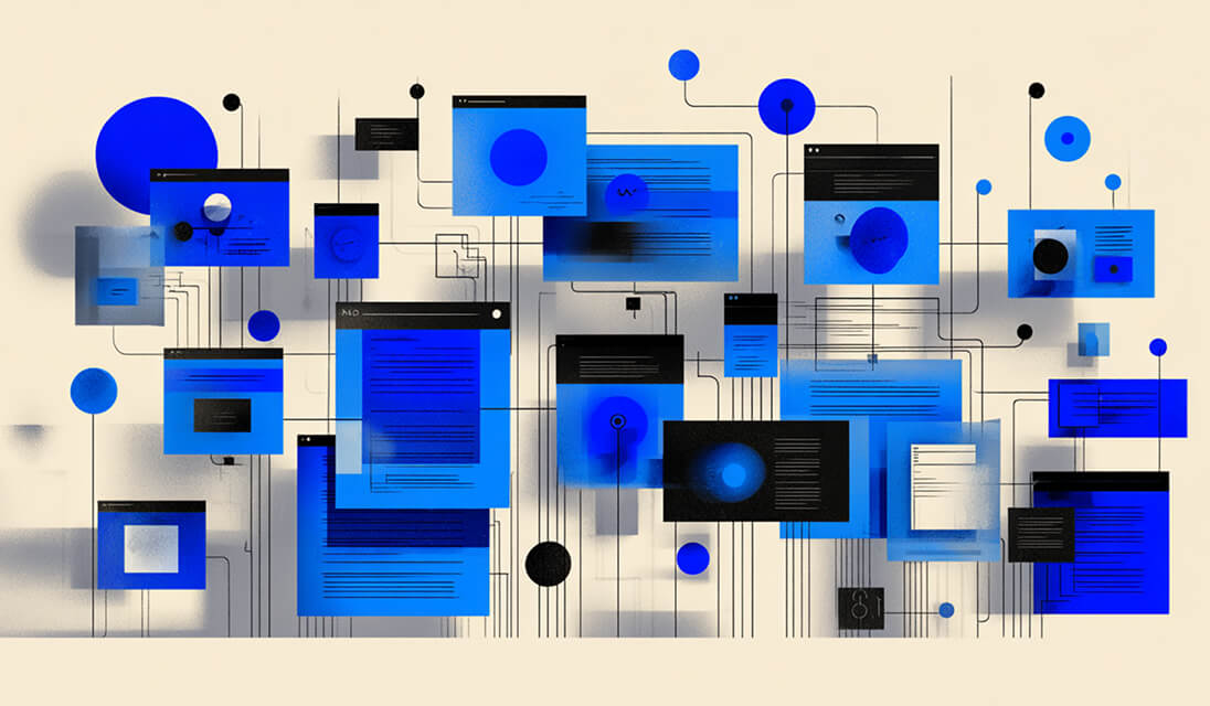 Network of interconnected blue and black digital windows, symbolizing scalability, digital ecosystems, and information flow.