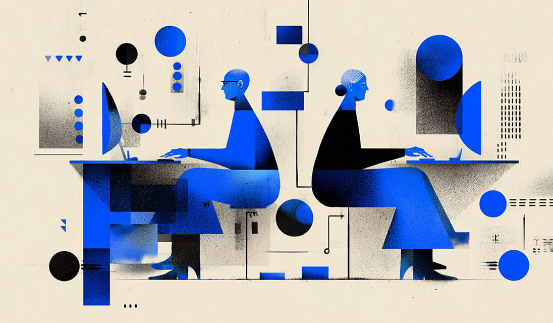 Two stylized people sitting back-to-back at desks working on computers, representing teamwork, collaboration, and parallel workflows.