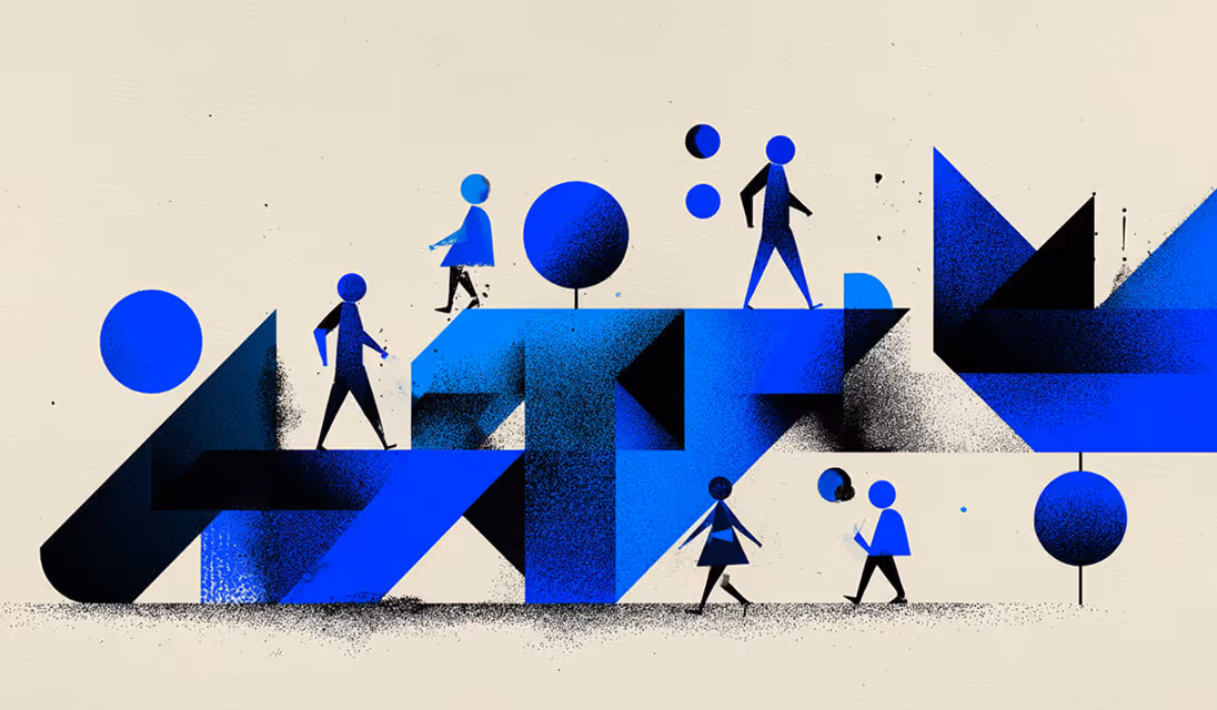 Abstract scene of simplified human figures walking among geometric structures in blue and black, symbolizing community and digital movement.