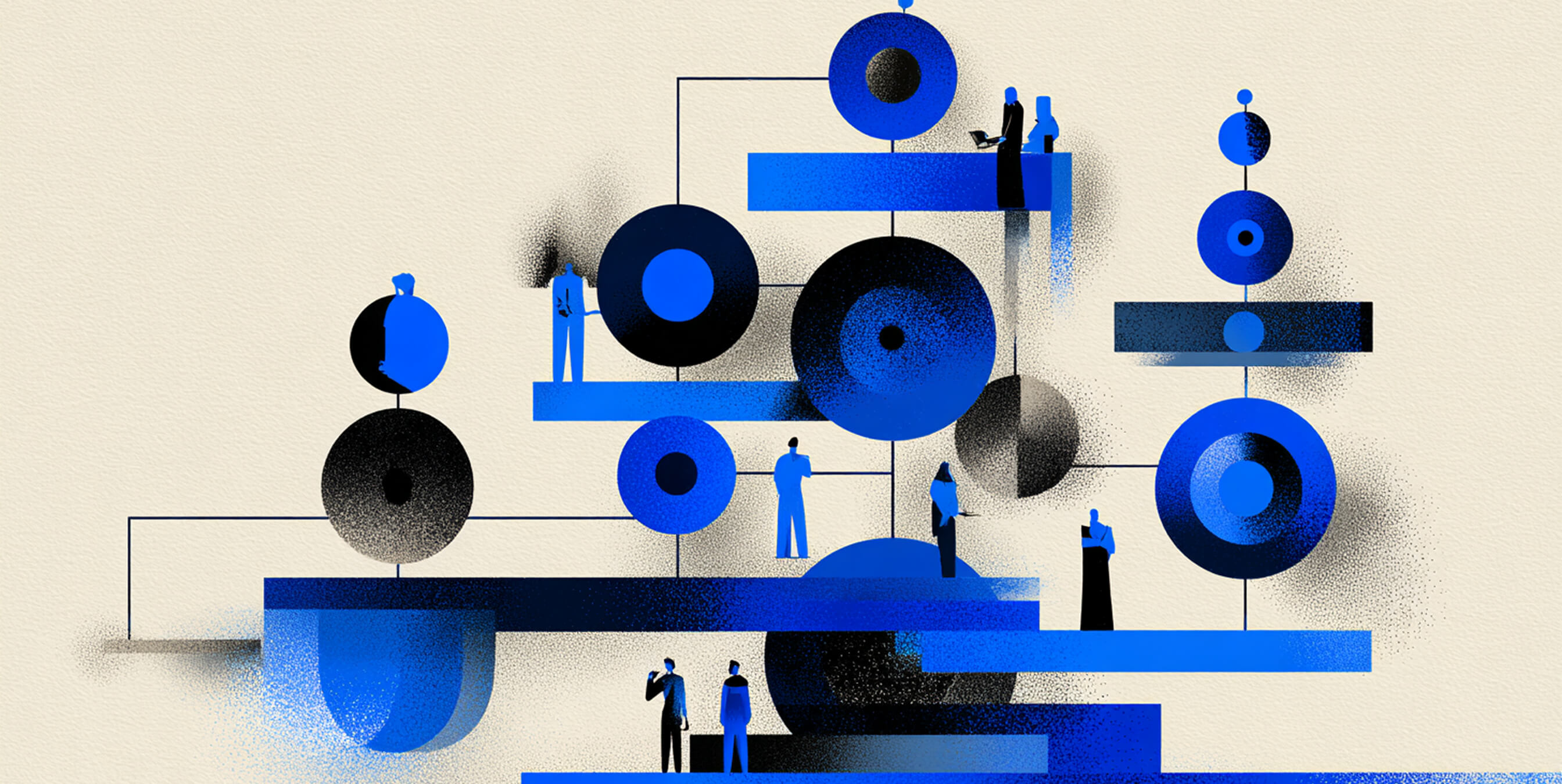 Geometric composition of circular structures connected by lines with small human figures, symbolizing interconnected systems and scalable teamwork.
