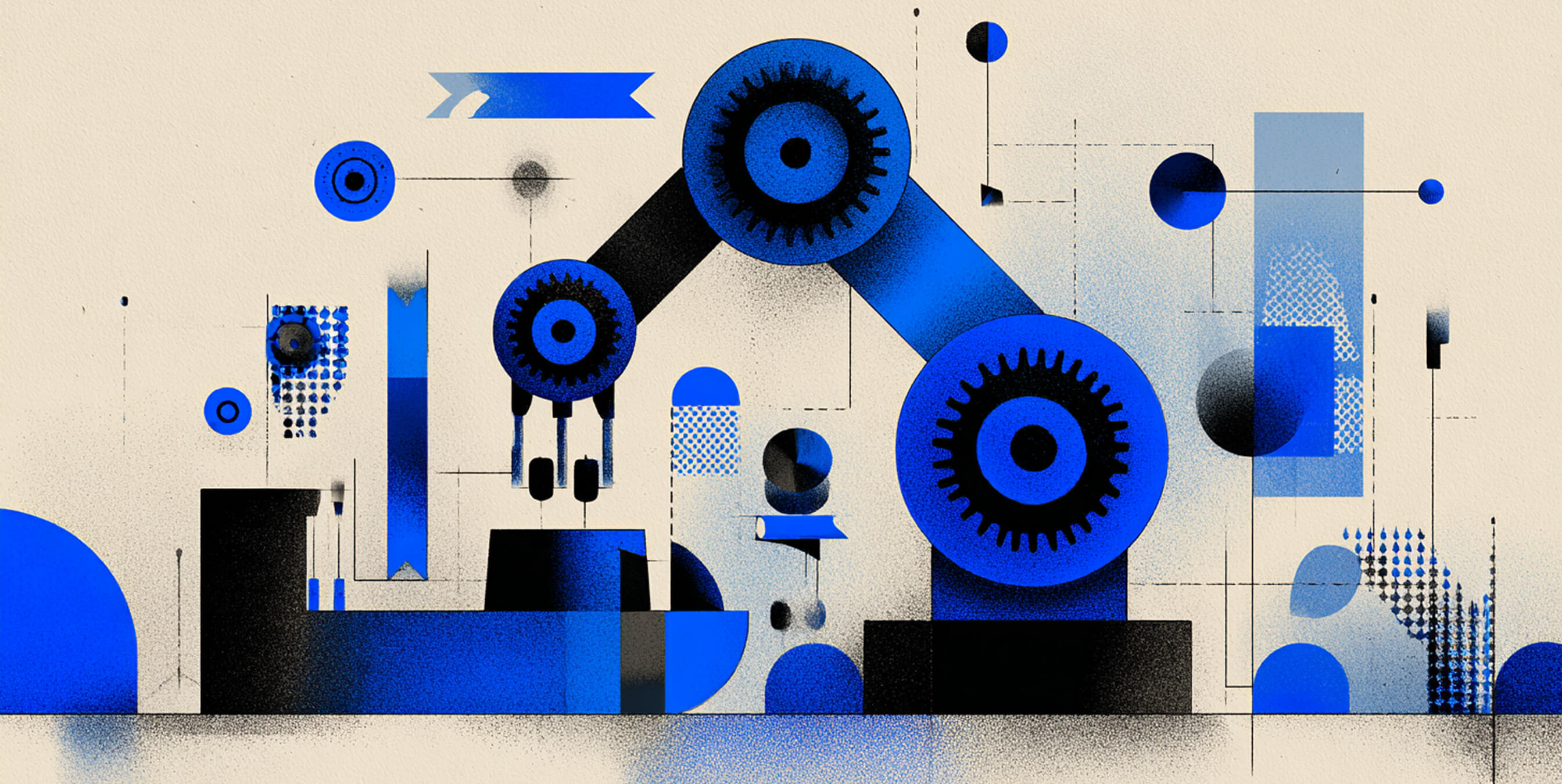 Stylized mechanical arm made of blue and black gears, representing automation, scalability, and technical precision.